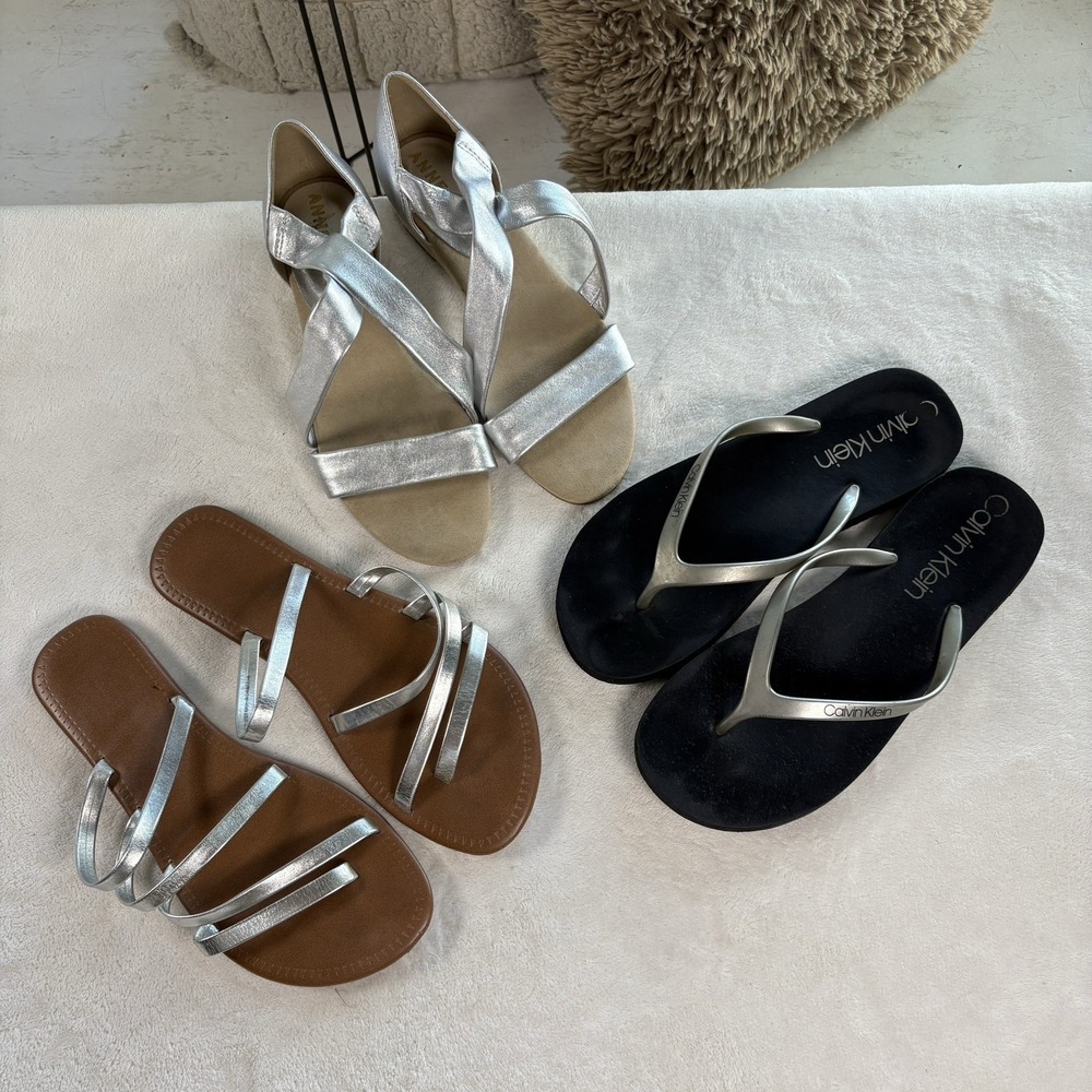 Women's Sandals Lot Size 8 Anne Klein Wedge Calvin Klein Silver Metallic Bundle